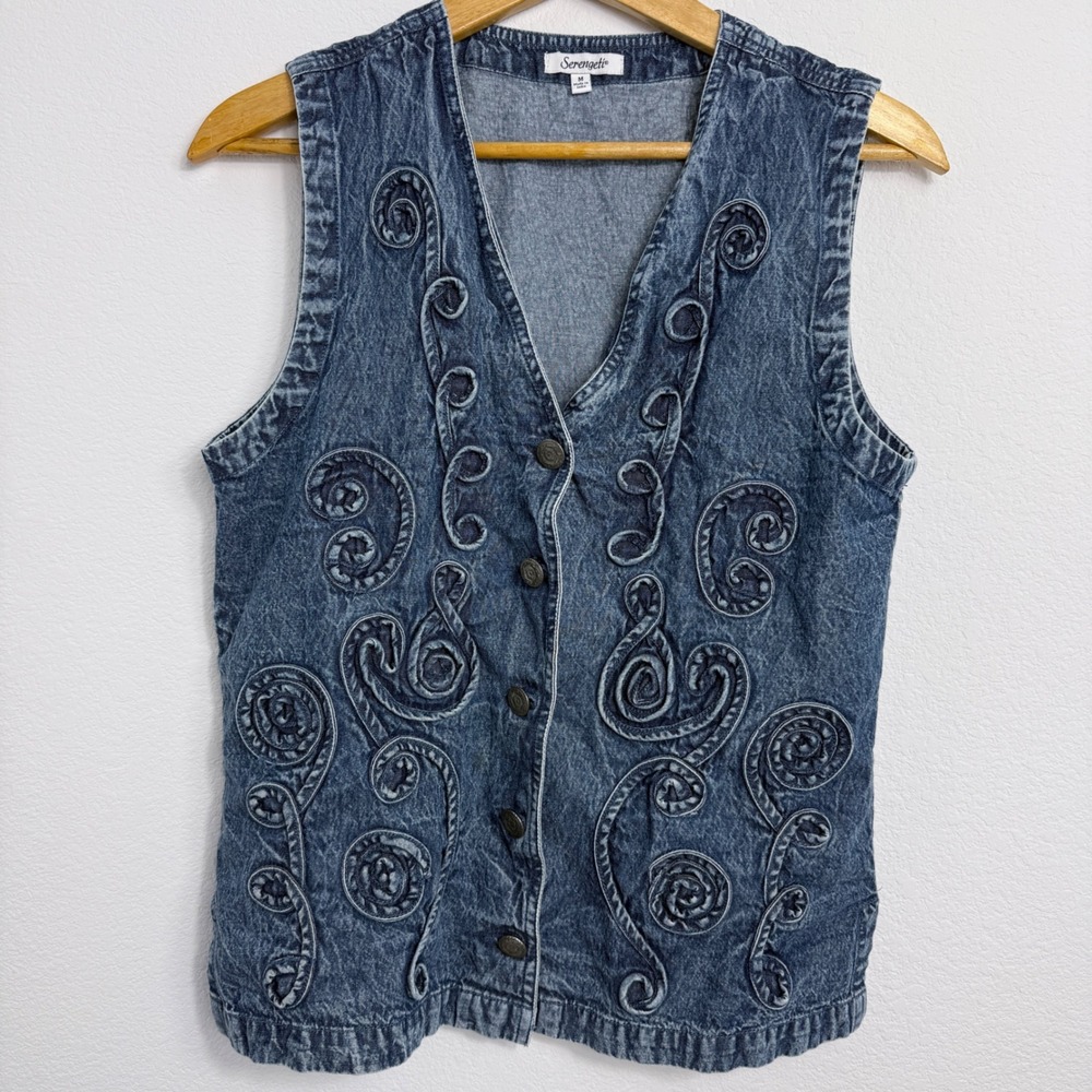 Serengeti Vintage Acid Wash M Denim Vest Embroidered Swirl Western Blue